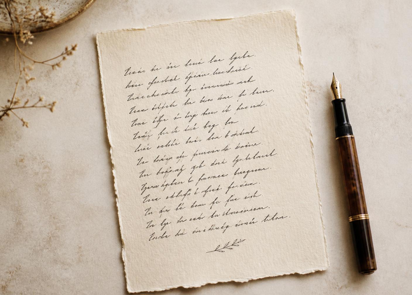 Una poesia scritta a mano su carta avorio accanto a una penna stilografica